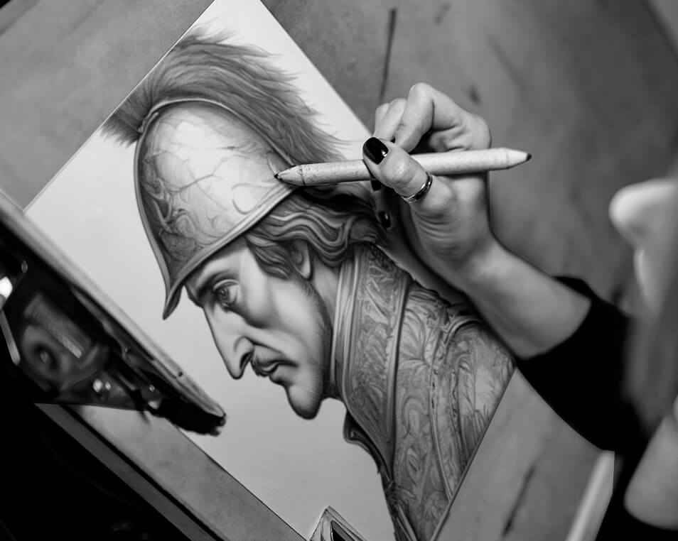 Nuestra ilustradora dibujando a mano el retrato de Gaspard, segundo hermano y figura clave en la Batalla de Castillón, para la etiqueta de vino cuvée