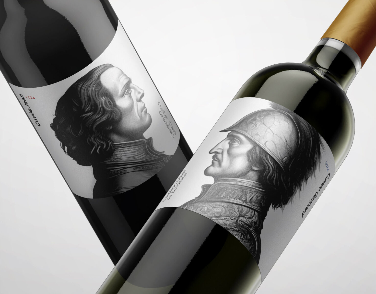 Botellas de vino con etiquetas diseñadas para Cuvée Jean (tinto) y Cuvée Gaspard (blanco), que presentan retratos detallados de los hermanos que finalizaron la Guerra de los 100 Años, creados con la ayuda de la IA y el dibujo a mano