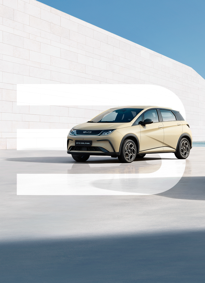 Vídeo promocional de los coches BYD Dolphin con animación de las siglas B, Y, D del logo de la marca intercaladas junto con imágenes de los modelos Dolphin