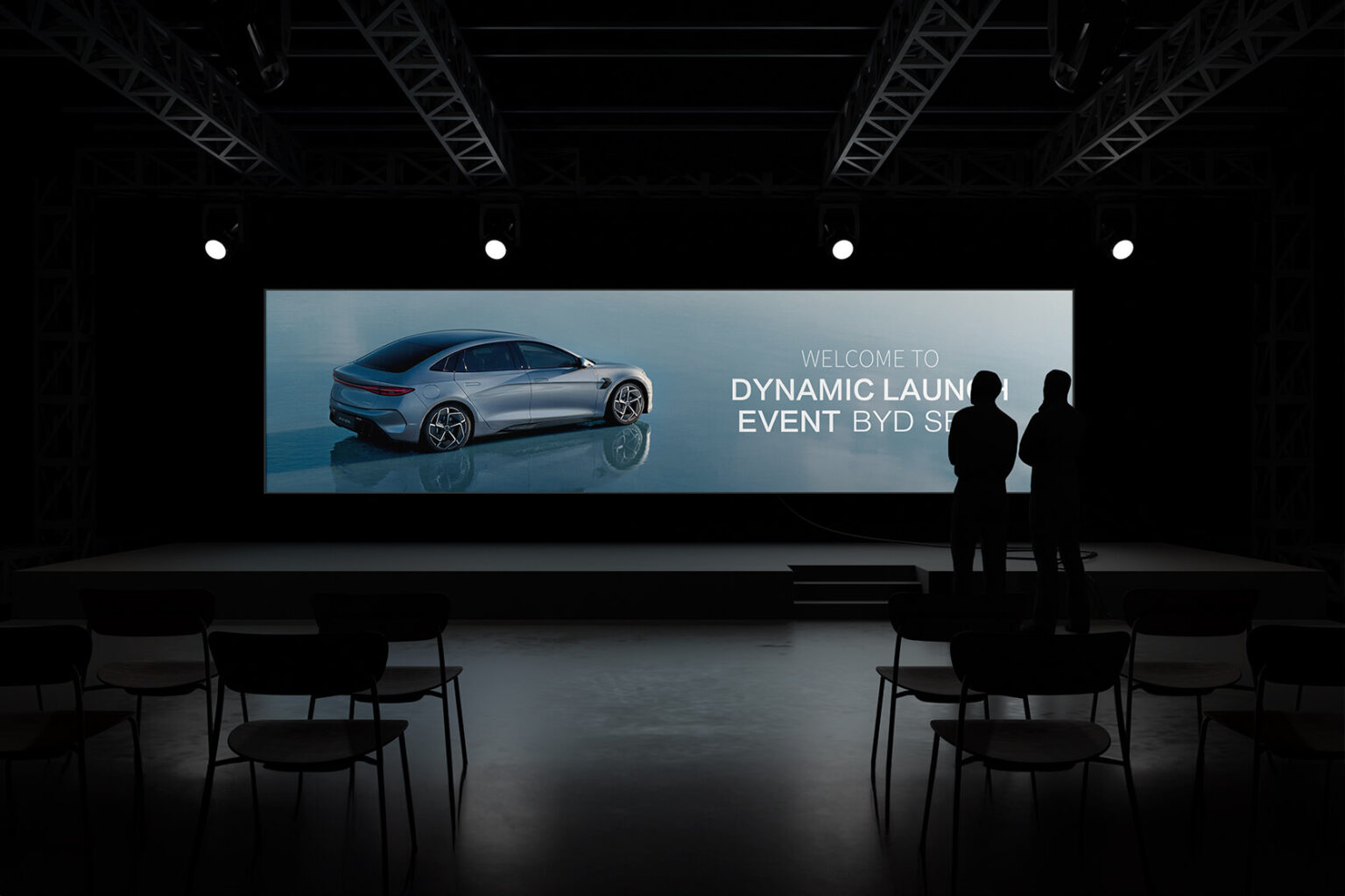 Pantalla de presentación previa al evento de lanzamiento dinámico de BYD Seal con diseño gráfico y visuales modernos