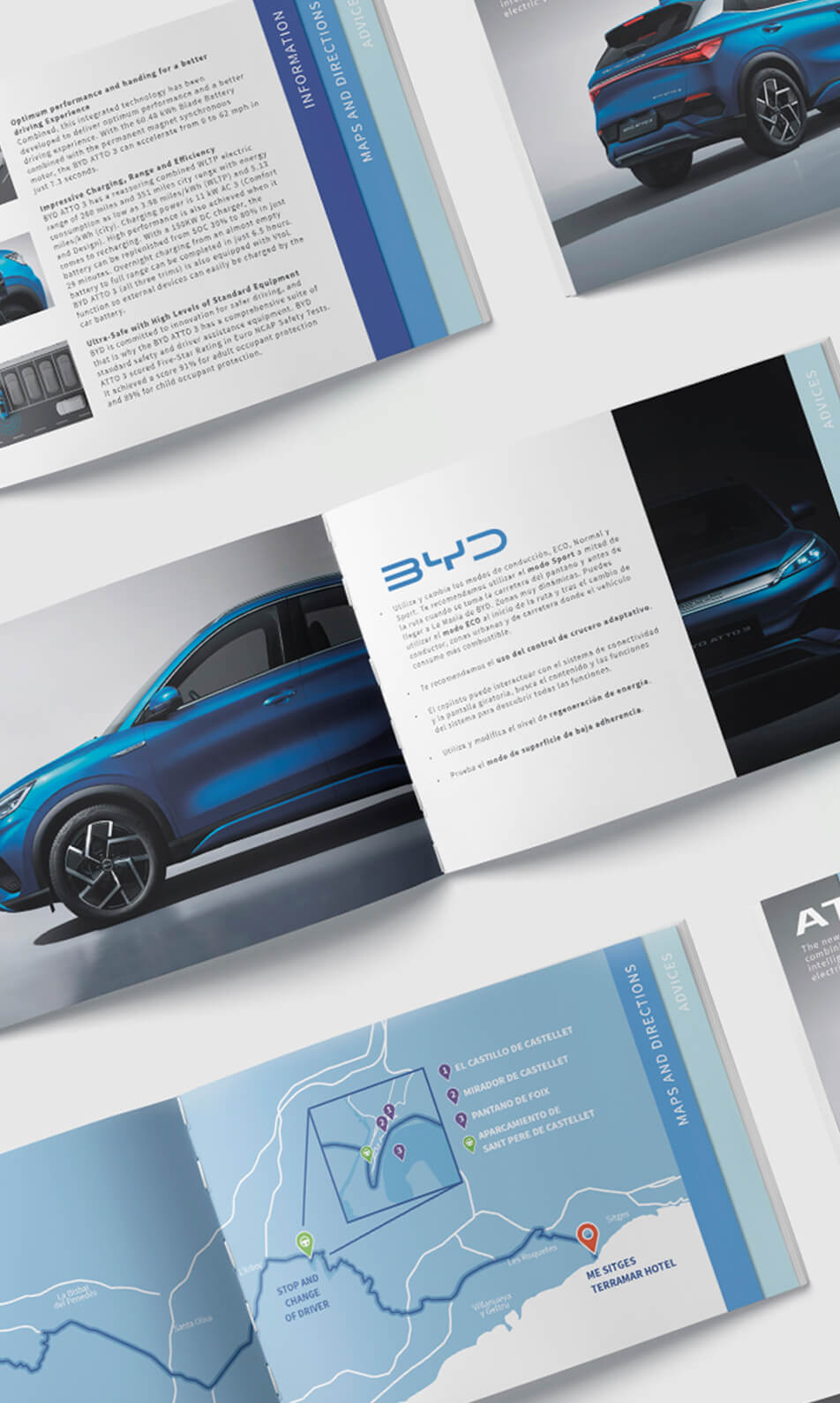 Folletos del evento de lanzamiento de BYD diseñados con gráficos modernos y mapas detallados