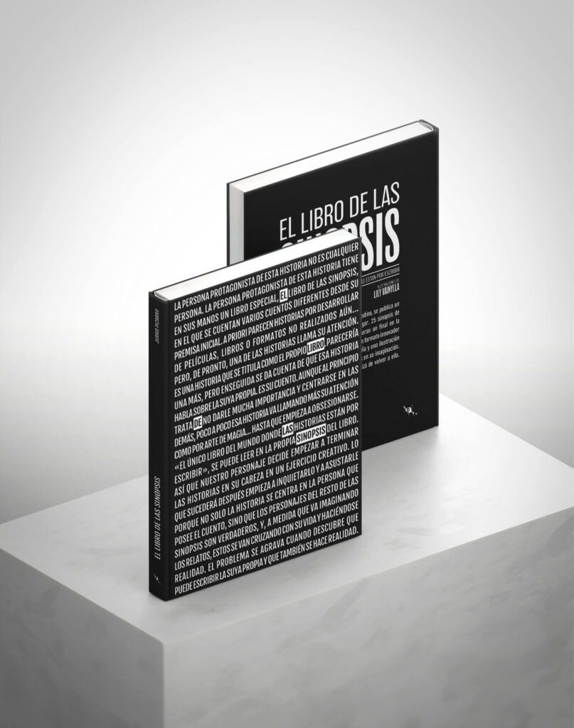 Portada y contraportada de 'El Libro de las Sinopsis', un libro negro con texto blanco que describe su contenido único y creativo