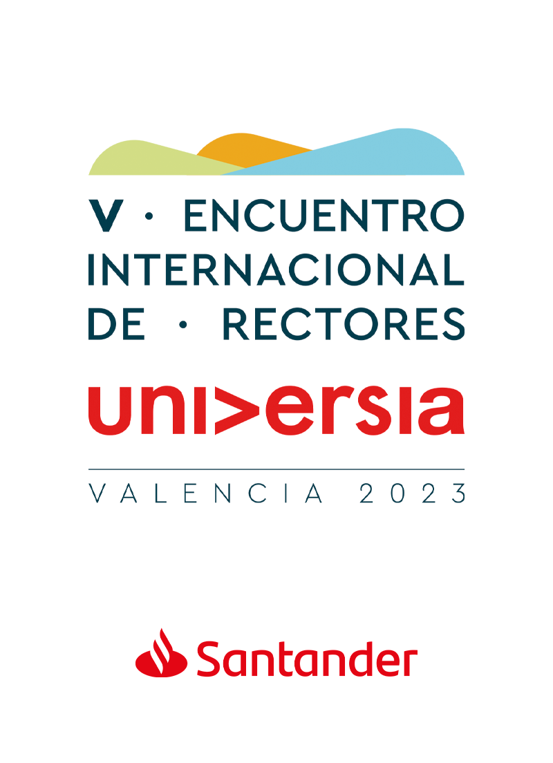 Logo del V Encuentro Internacional de Rectores de Universia Valencia 2023 sobre fondo blanco, acompañado del logo de Banco Santander.